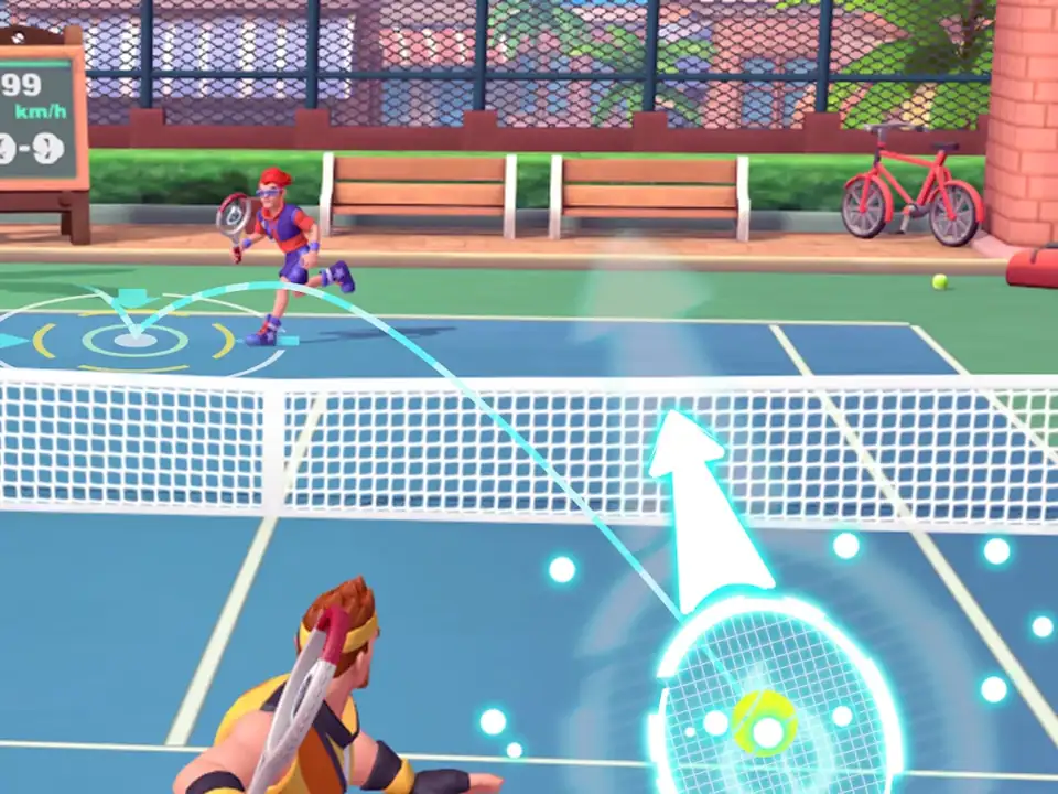 Jogador a preparar o golpe com mira no chão do court no jogo Extreme Tennis