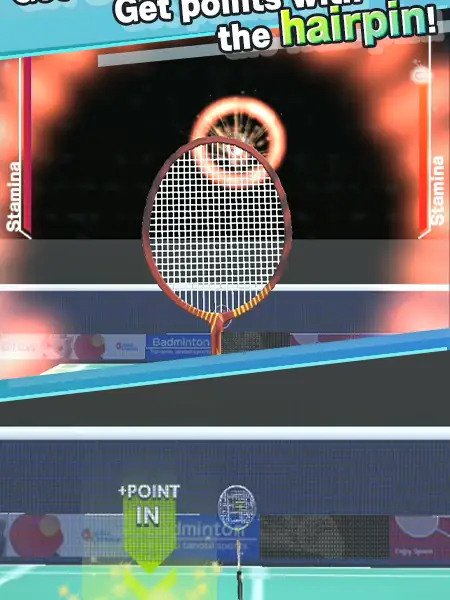 Vista na primeira pessoa da raquete e do volante no jogo Badminton3D Real Badminton