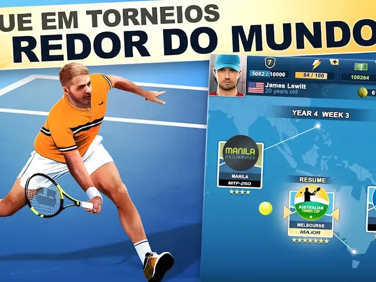 Ecrã de carreira com mapa de torneios no jogo TOP SEED Tennis Manager 2026