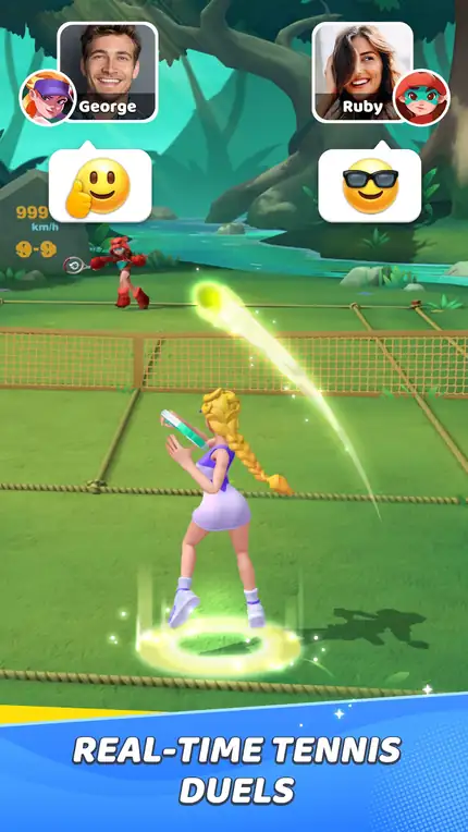 Troca de bola em tempo real num court de relva no jogo Extreme Tennis