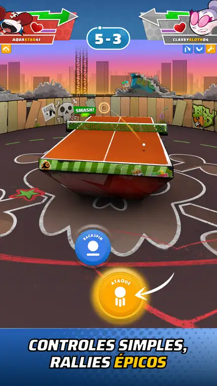 Encontro de ténis de mesa num terraço urbano no jogo Ping Pong Squad