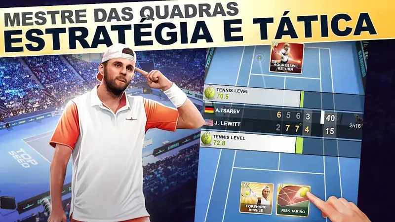 Ecrã de estratégia e tática no jogo TOP SEED Tennis Manager 2026