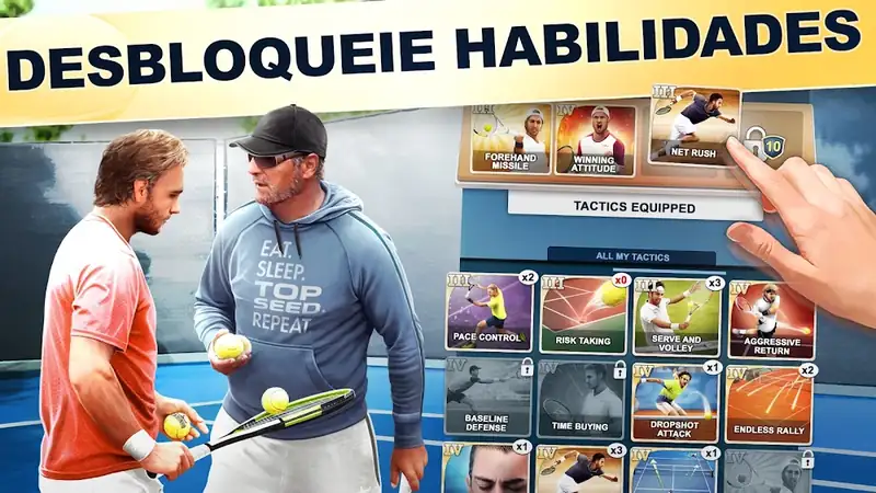 Ecrã de desbloqueio de competências do atleta no jogo TOP SEED Tennis Manager 2026