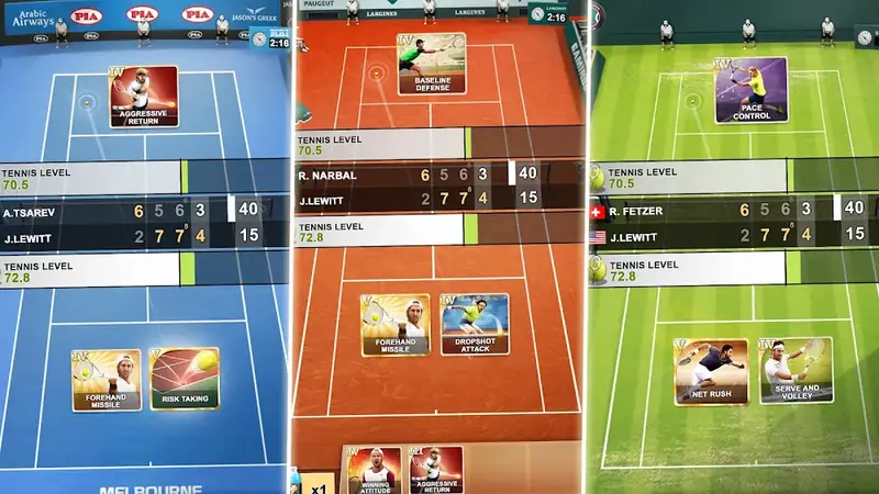 Ecrã de dados e superfícies de jogo no jogo TOP SEED Tennis Manager 2026